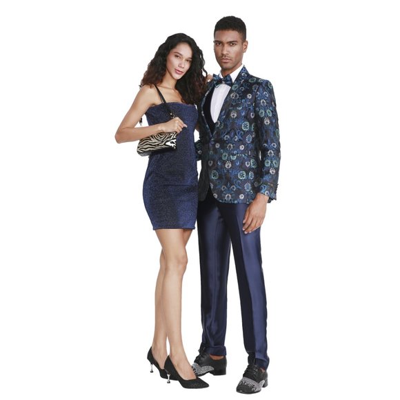 MANZINI GIORGIO 3PC Men's Slim-Fit Fancy Floral Pattern Tuxedo w/ Bead Lapel White